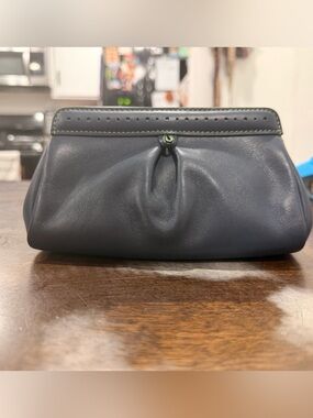 Levenger Navy Leather Clutch with Green Stitching